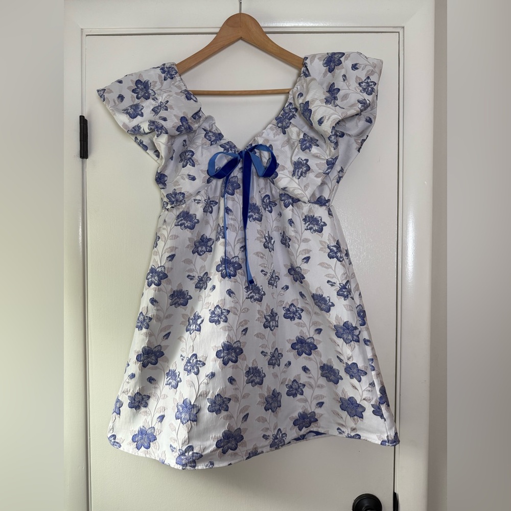 🆕 Day + Moon Floral Jacquard Puff Sleeve Mini Dress Regencycore Cottagecore Chic - Picture 2 of 12